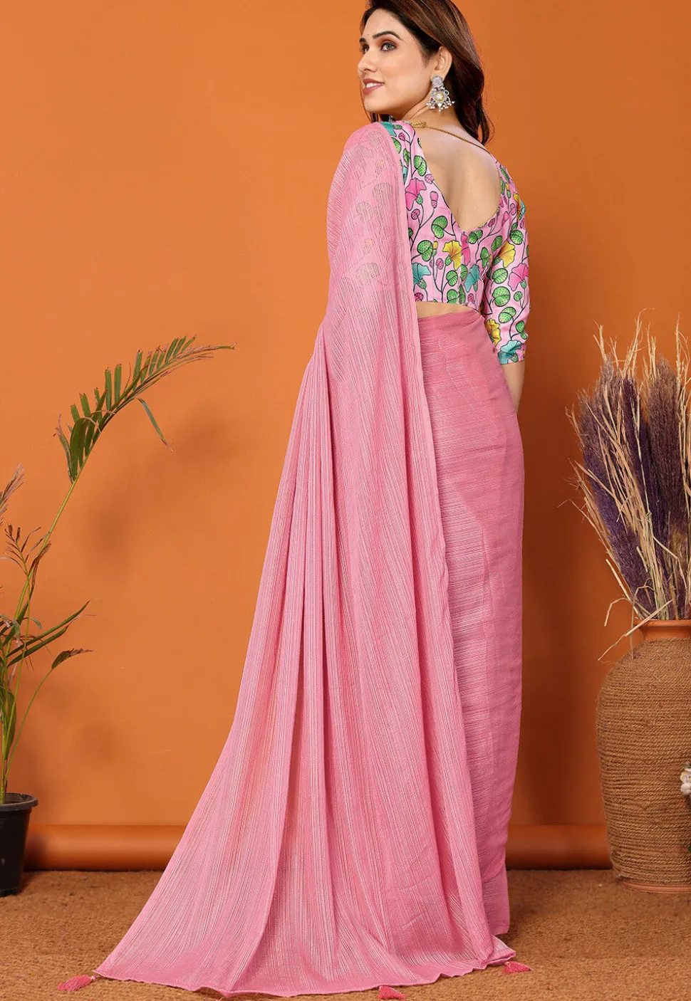 Solid Color Chiffon Brasso Saree in Pink