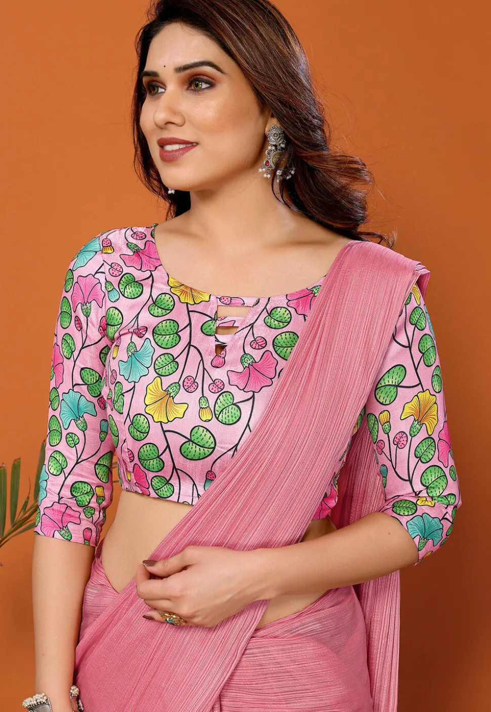 Solid Color Chiffon Brasso Saree in Pink