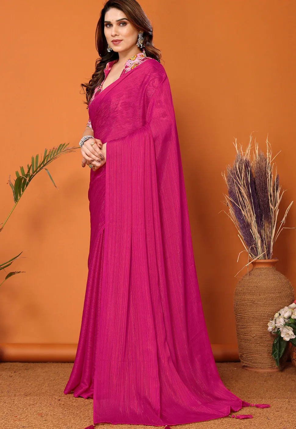 Solid Color Chiffon Brasso Saree in Magenta