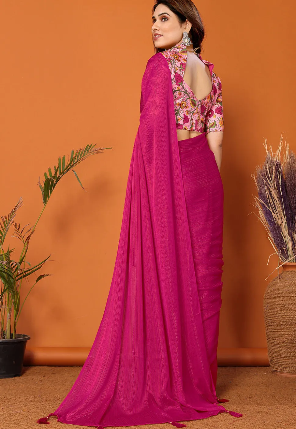 Solid Color Chiffon Brasso Saree in Magenta