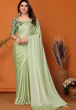 Solid Color Chiffon Brasso Saree in Pastel Green