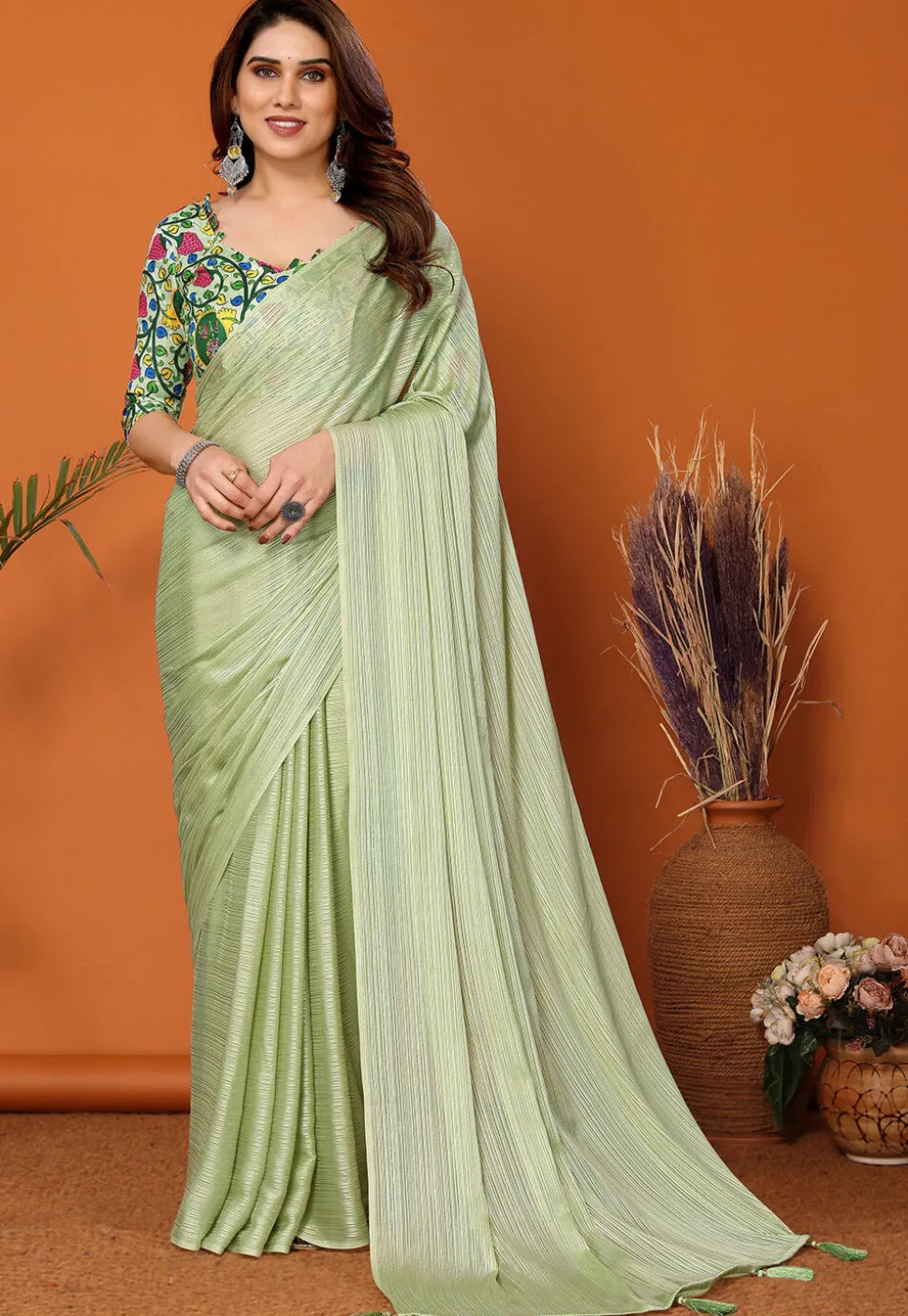 Solid Color Chiffon Brasso Saree in Pastel Green