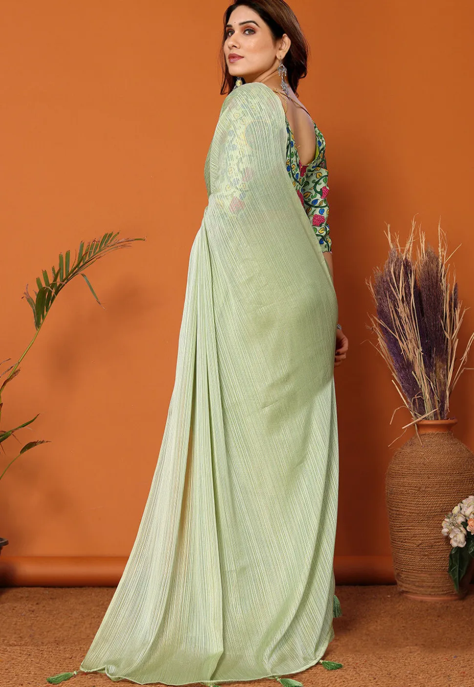 Solid Color Chiffon Brasso Saree in Pastel Green
