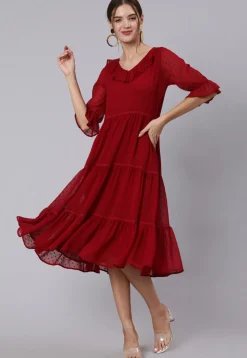 Solid Color Chiffon Dobby Tiered Dress in Maroon