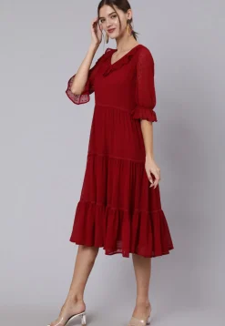 Solid Color Chiffon Dobby Tiered Dress in Maroon