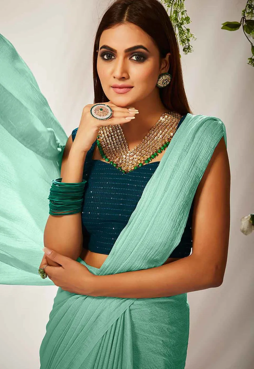 Solid Color Chiffon Saree in Light Blue