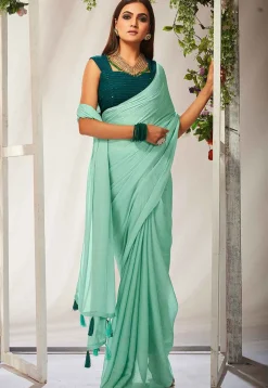 Solid Color Chiffon Saree in Light Blue