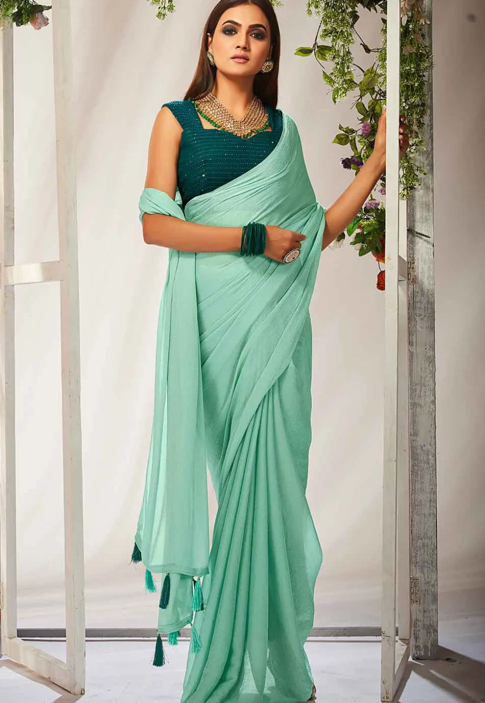 Solid Color Chiffon Saree in Light Blue