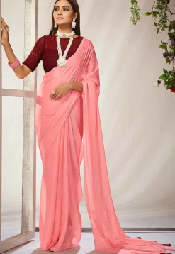 Solid Color Chiffon Saree in Pink