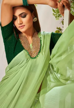 Solid Color Chiffon Saree in Light Green