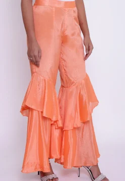 Solid Color Chinon Crepe Layered Ruffled Palazzo in Peach
