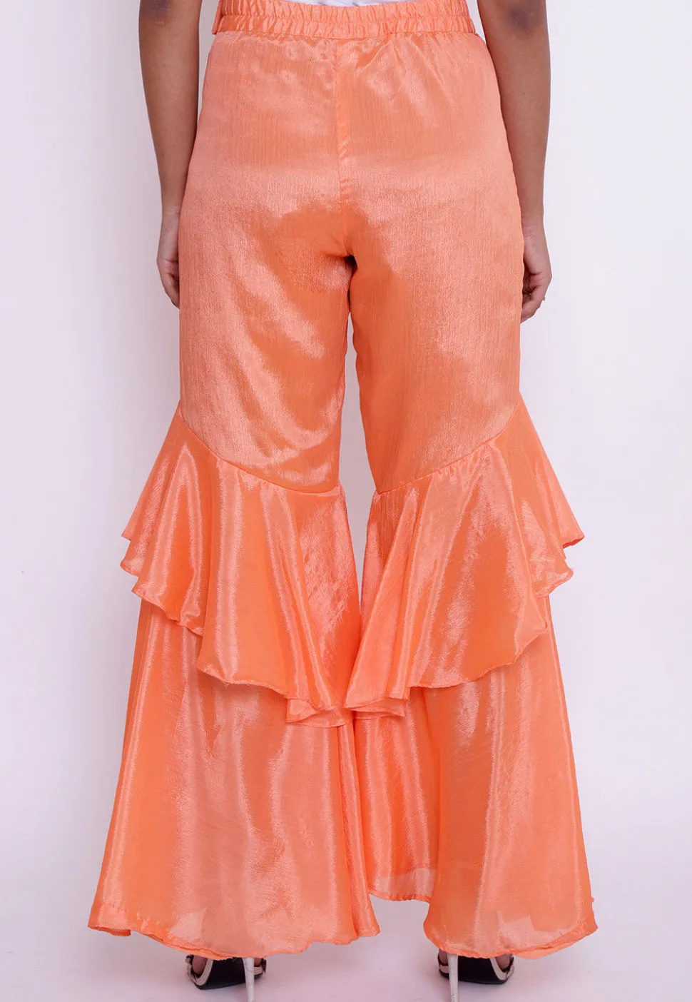 Solid Color Chinon Crepe Layered Ruffled Palazzo in Peach