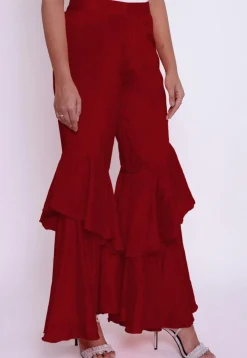 Solid Color Chinon Crepe Layered Ruffled Palazzo in Red