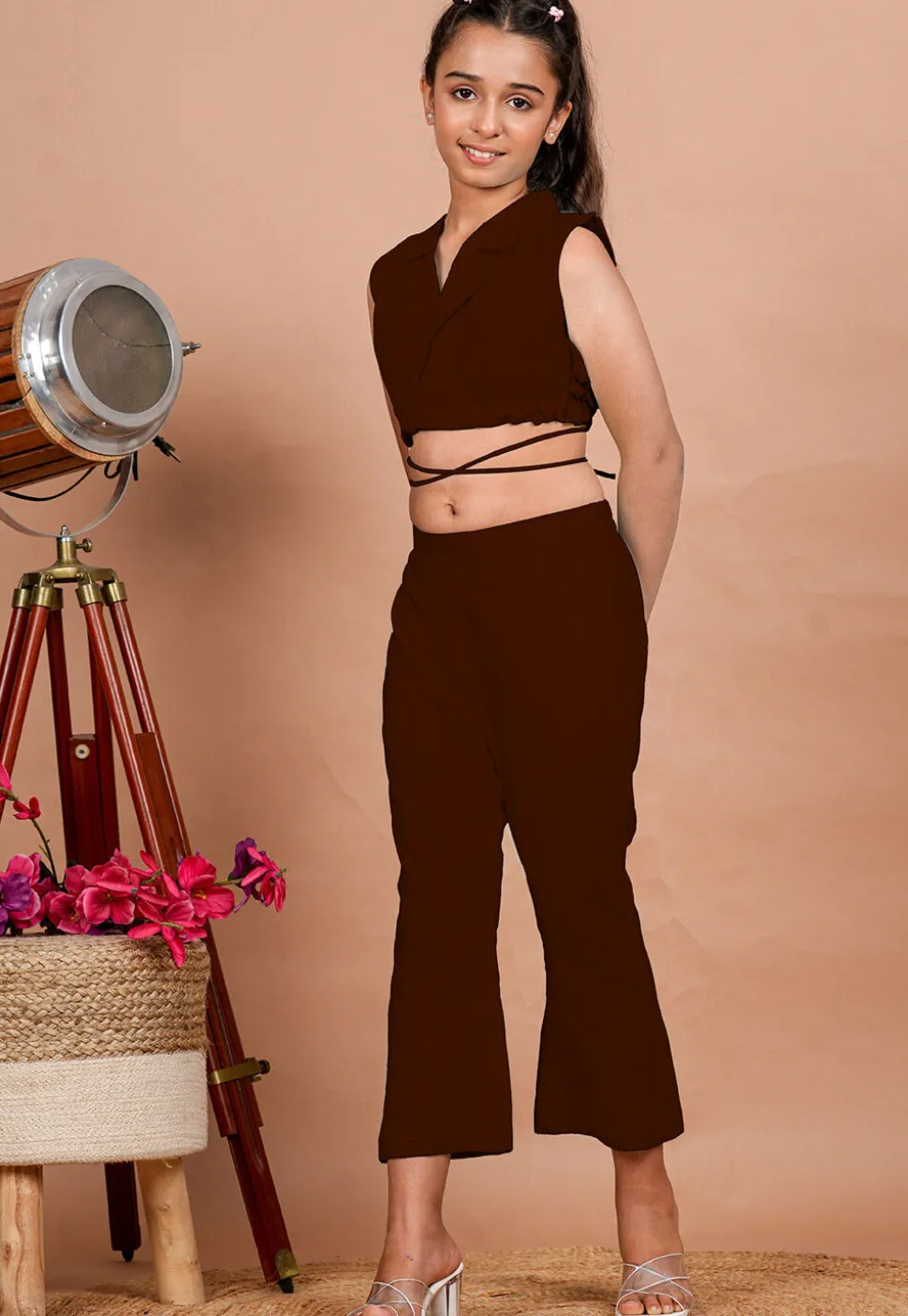 Solid Color Cotton Adjustable Dori Crop Top Set in Maroon