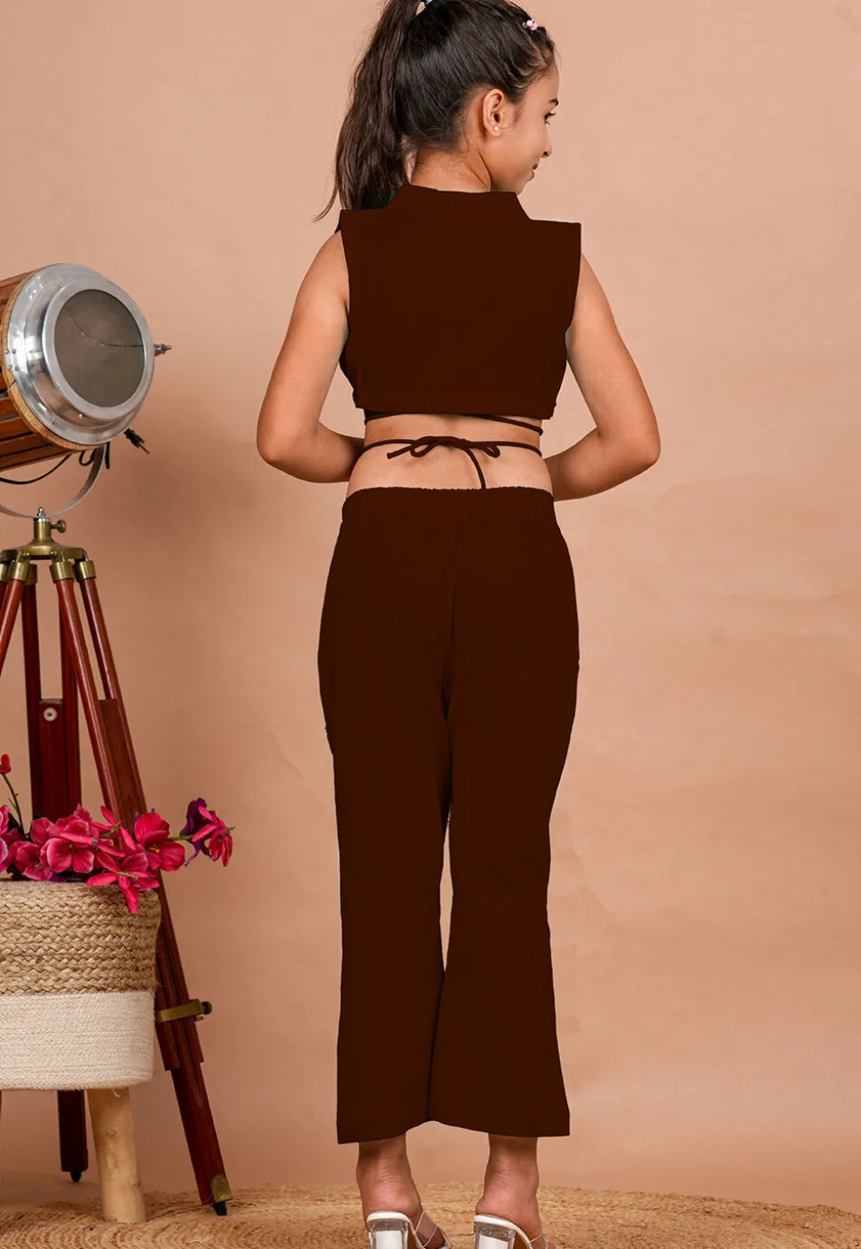 Solid Color Cotton Adjustable Dori Crop Top Set in Maroon