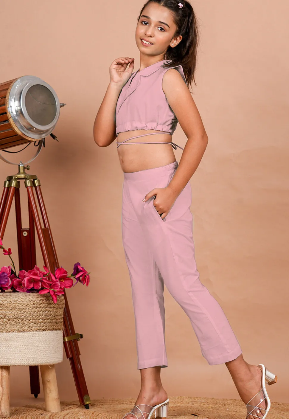 Solid Color Cotton Adjustable Dori Crop Top Set in Baby Pink