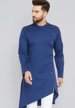 Solid Color Cotton Asymmetric Kurta in Blue