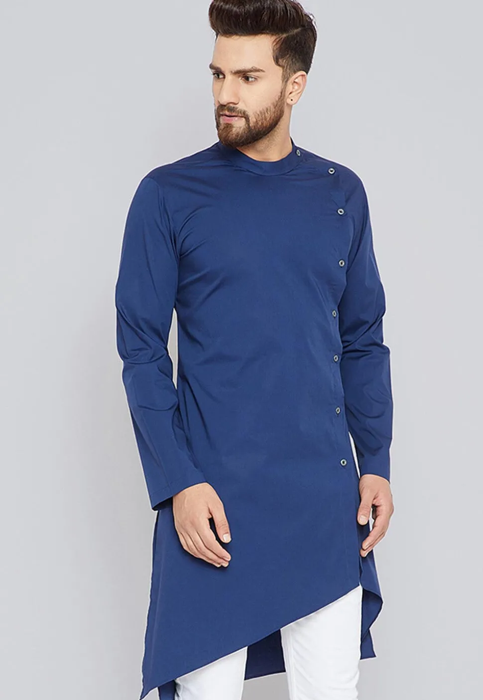 Solid Color Cotton Asymmetric Kurta in Blue