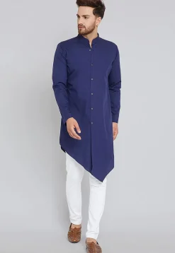 Solid Color Cotton Asymmetric Kurta Set in Navy Blue