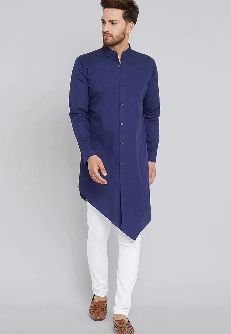 Solid Color Cotton Asymmetric Kurta Set in Navy Blue