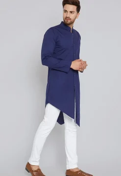 Solid Color Cotton Asymmetric Kurta Set in Navy Blue