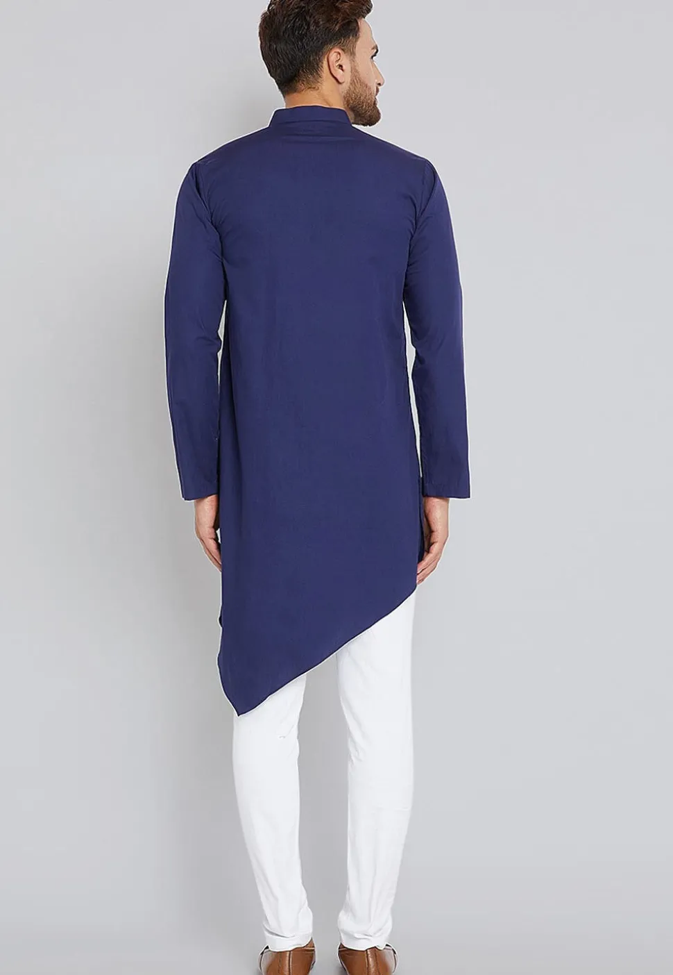 Solid Color Cotton Asymmetric Kurta Set in Navy Blue