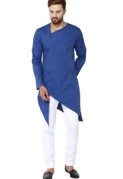 Solid Color Cotton Asymmetric Kurta in Dark Blue