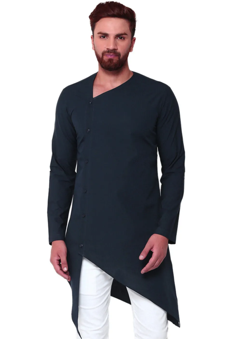 Solid Color Cotton Asymmetric Kurta in Navy Blue