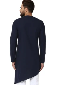 Solid Color Cotton Asymmetric Kurta in Navy Blue