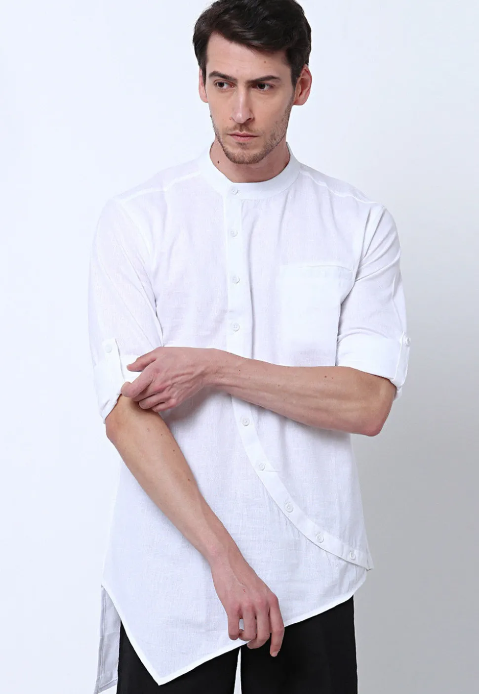 Solid Color Cotton Asymmetric Short Kurta in White