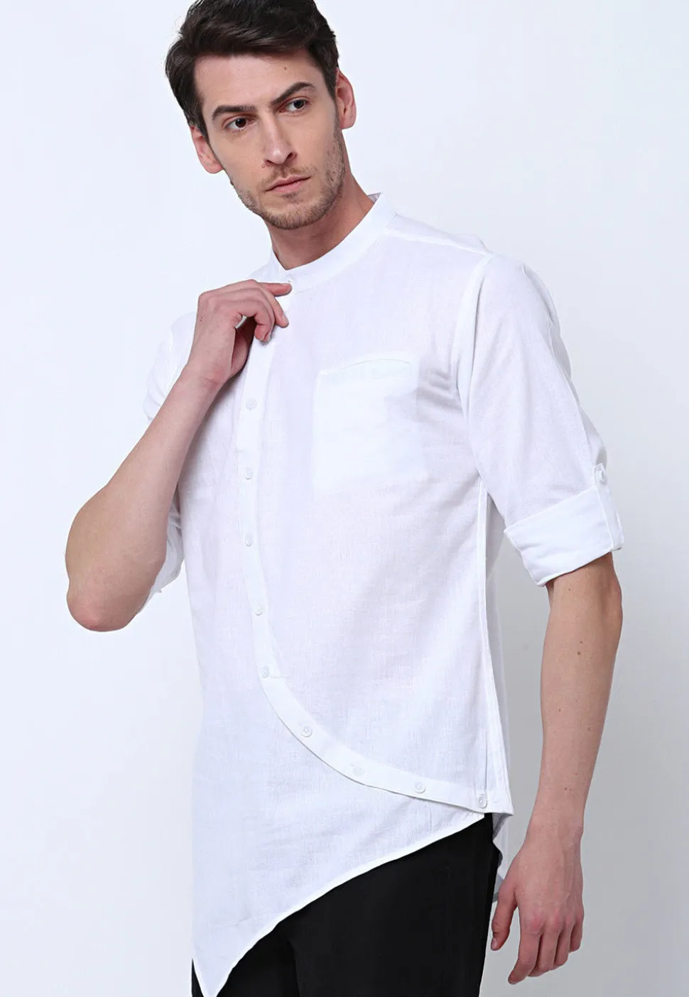 Solid Color Cotton Asymmetric Short Kurta in White