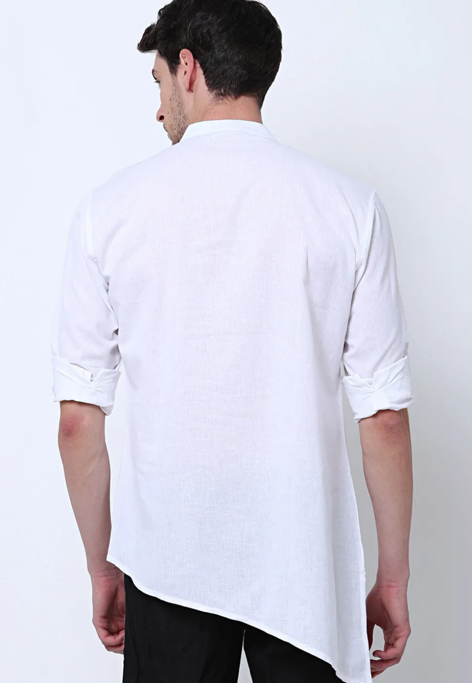 Solid Color Cotton Asymmetric Short Kurta in White