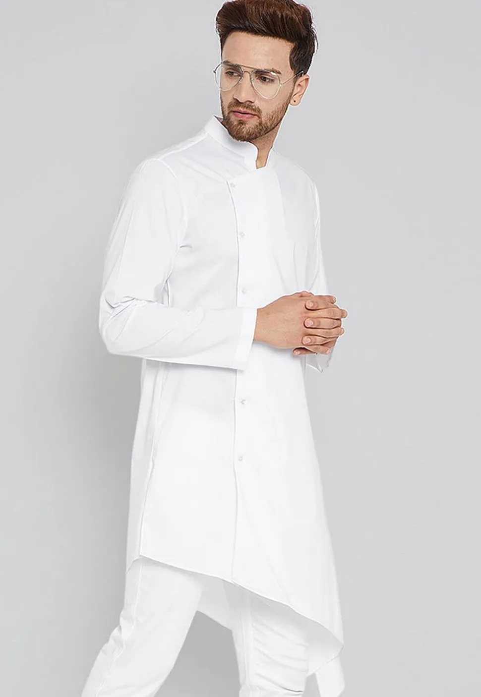Solid Color Cotton Asymmetric Kurta in White