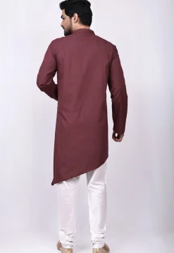 Solid Color Cotton Asymmetric Kurta in Maroon