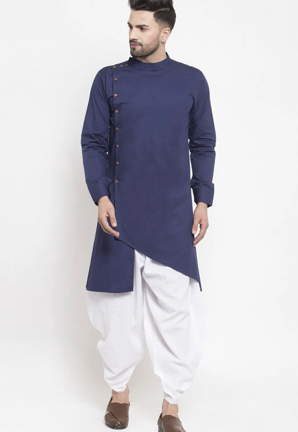 Solid Color Cotton Asymmetric Dhoti Kurta in Navy Blue