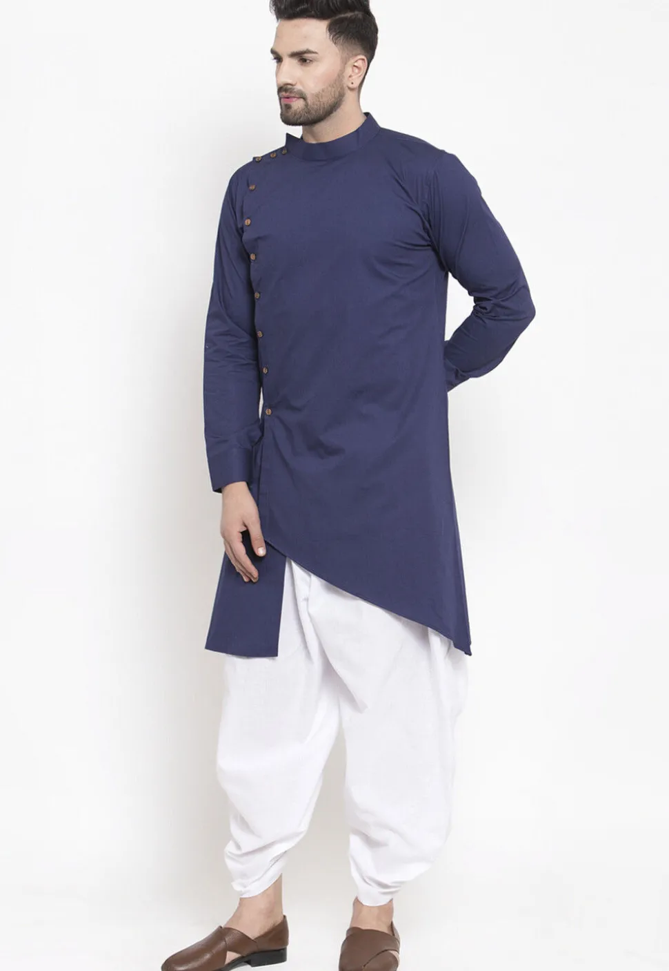 Solid Color Cotton Asymmetric Dhoti Kurta in Navy Blue
