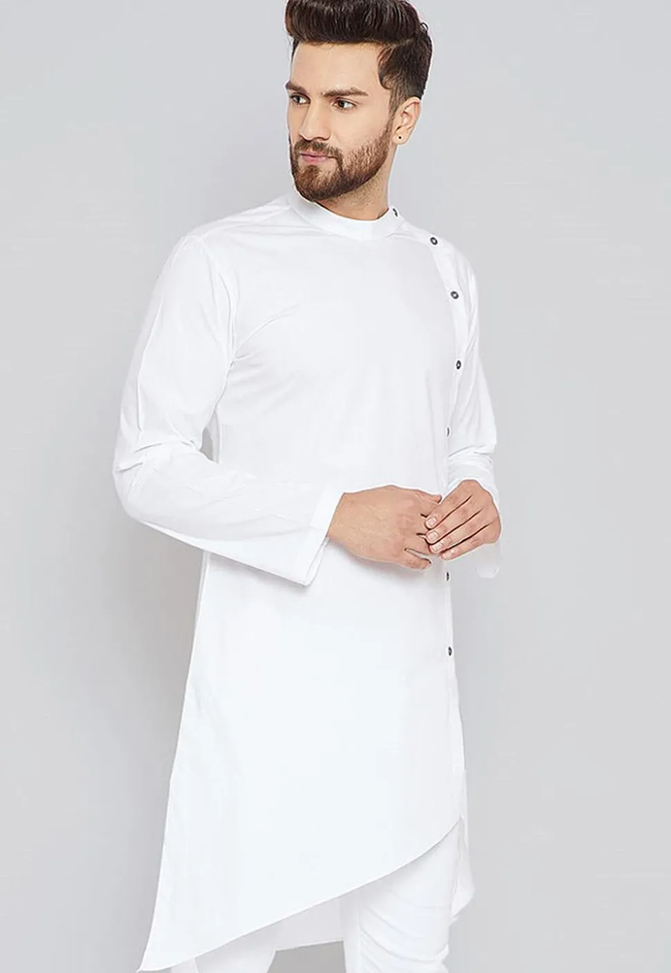 Solid Color Cotton Asymmetric Kurta in White