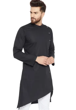Solid Color Cotton Asymmetric Kurta in Black