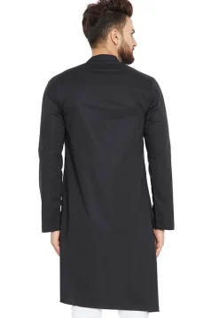 Solid Color Cotton Asymmetric Kurta in Black