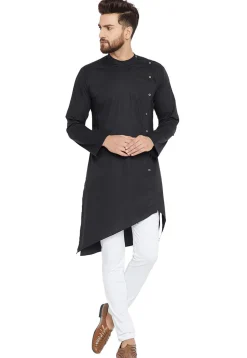 Solid Color Cotton Asymmetric Kurta in Black