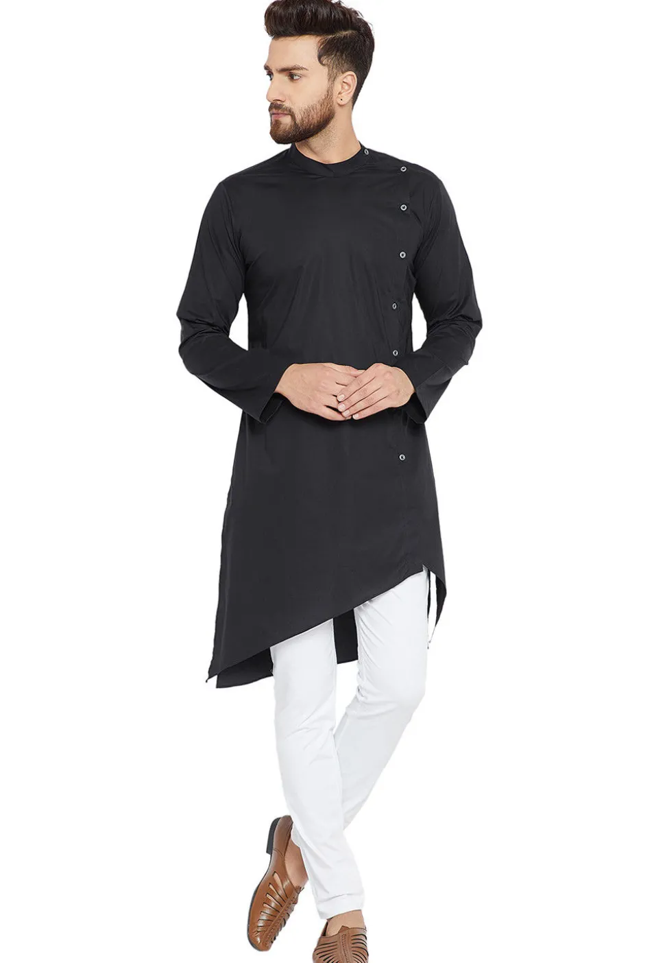 Solid Color Cotton Asymmetric Kurta in Black