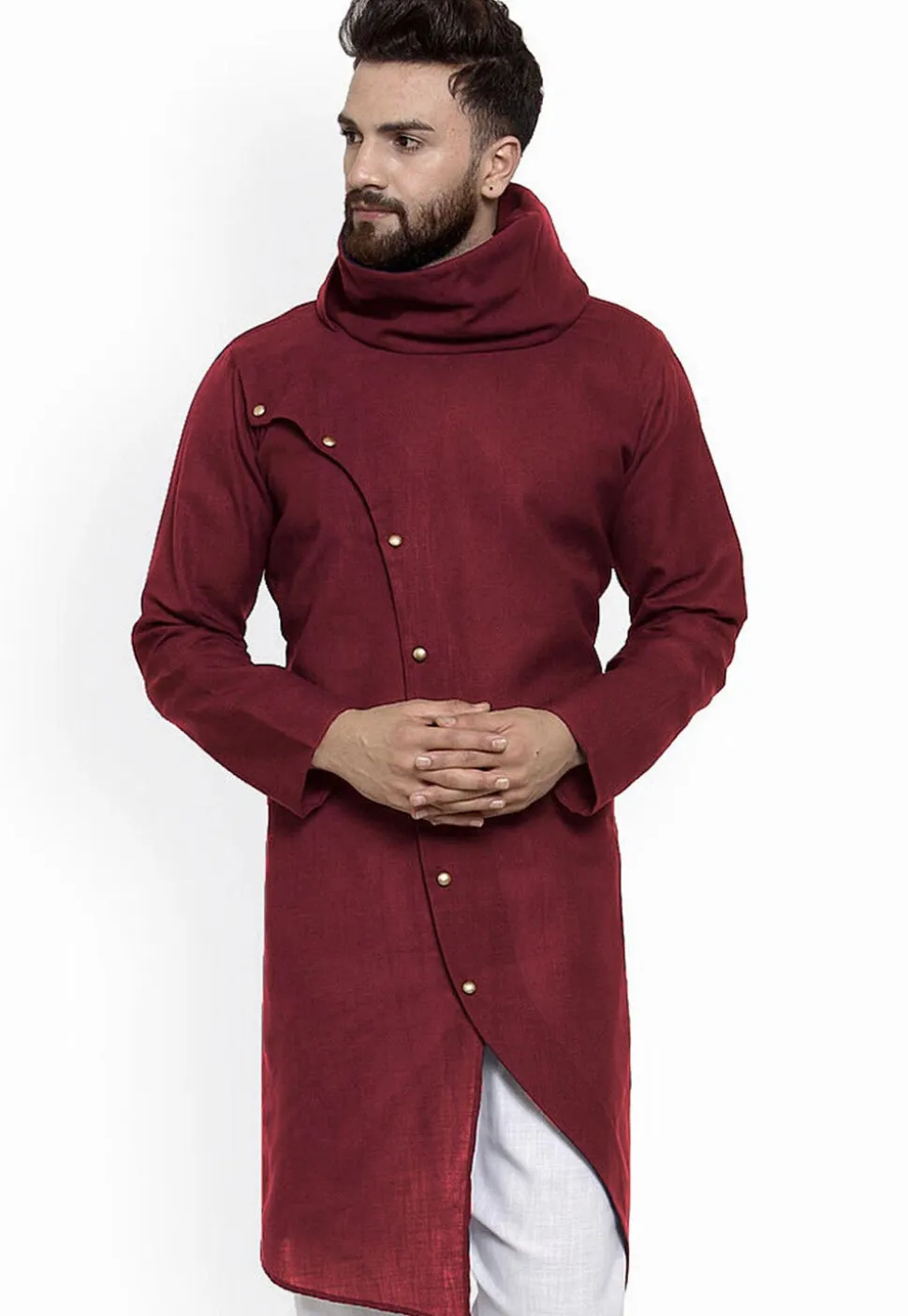 Solid Color Cotton Asymmetric Kurta in Wine