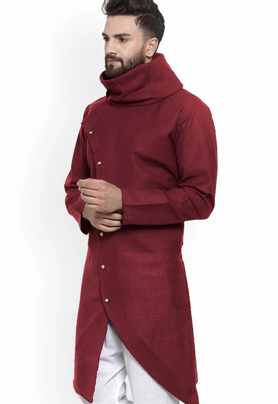 Solid Color Cotton Asymmetric Kurta in Wine