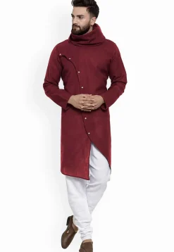 Solid Color Cotton Asymmetric Kurta in Wine