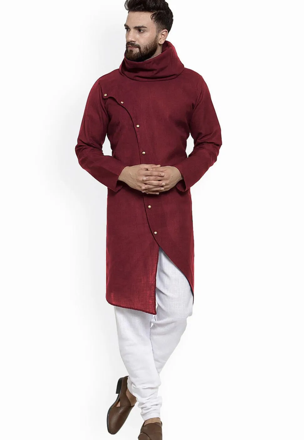 Solid Color Cotton Asymmetric Kurta in Wine