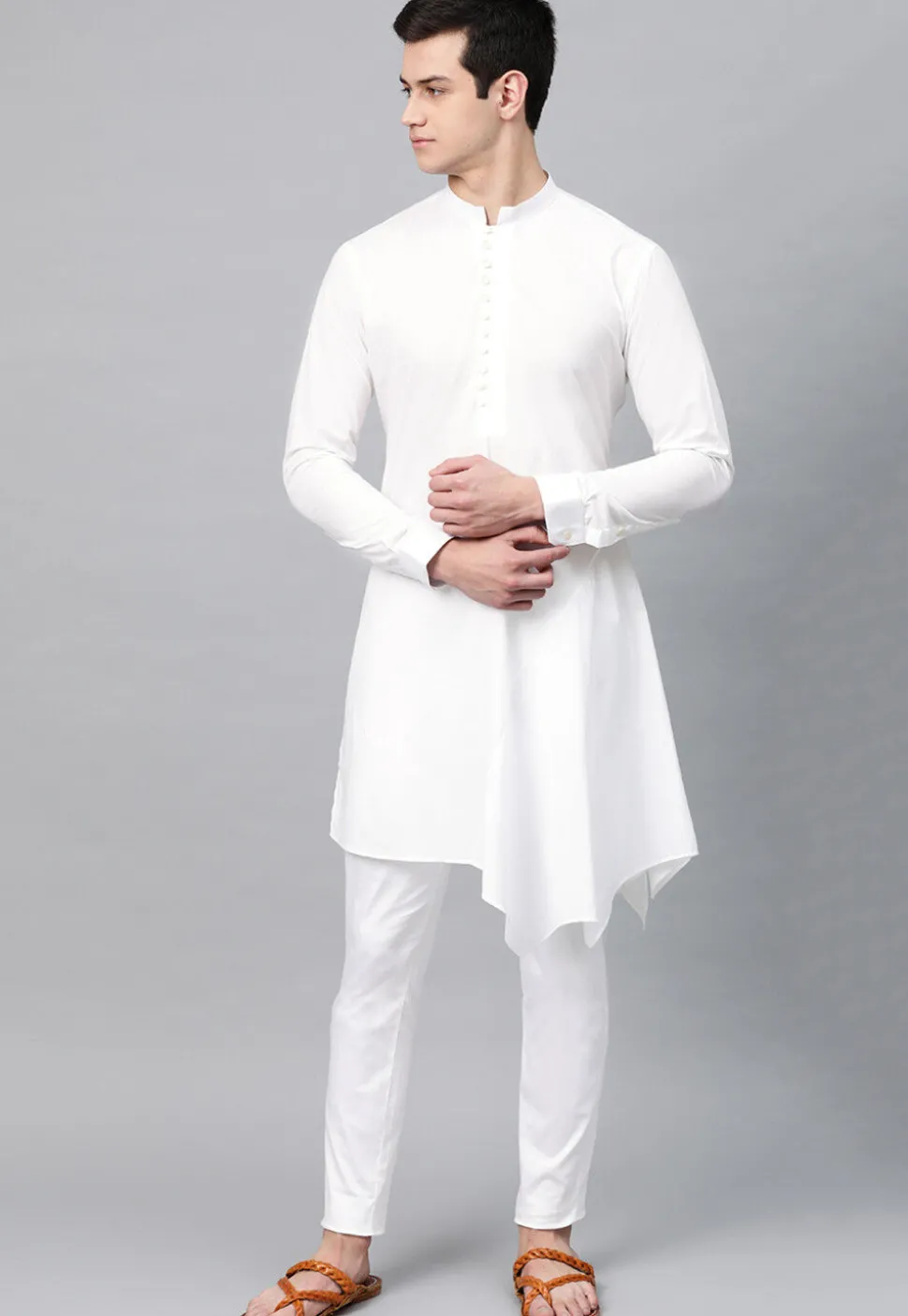 Solid Color Cotton Asymmetric Kurta Set in White