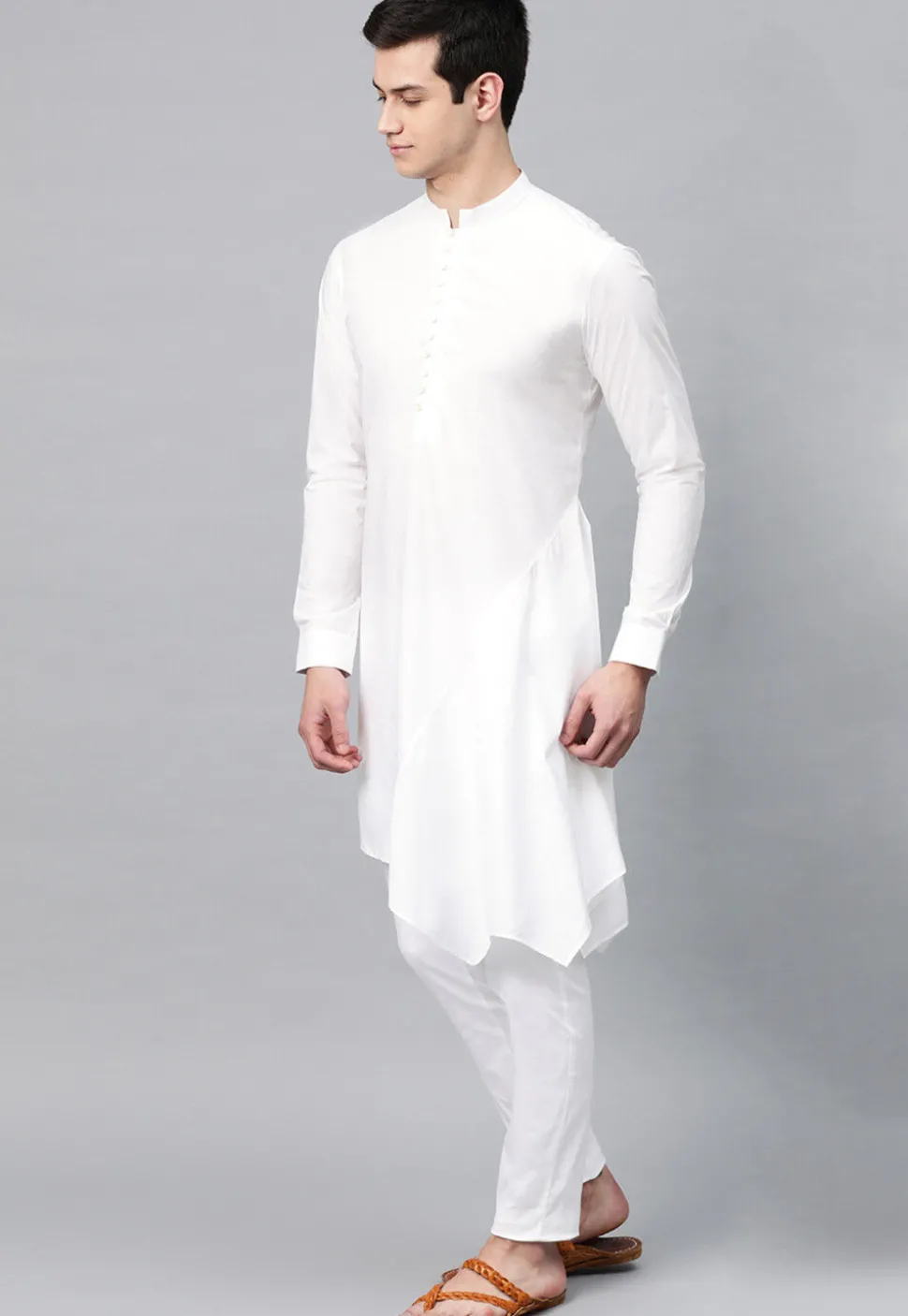 Solid Color Cotton Asymmetric Kurta Set in White