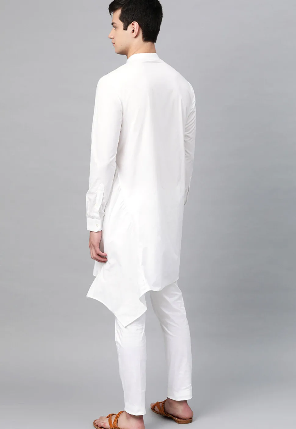 Solid Color Cotton Asymmetric Kurta Set in White