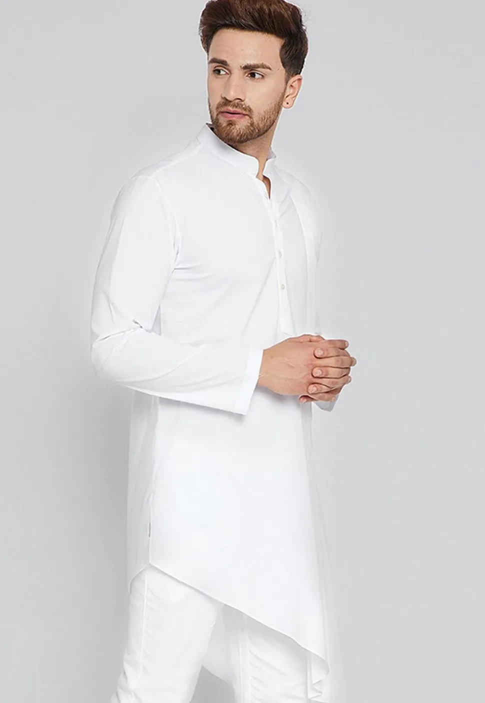 Solid Color Cotton Asymmetric Kurta in White