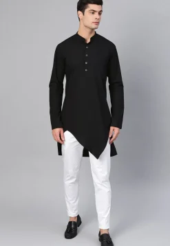 Solid Color Cotton Asymmetric Kurta Set in Black